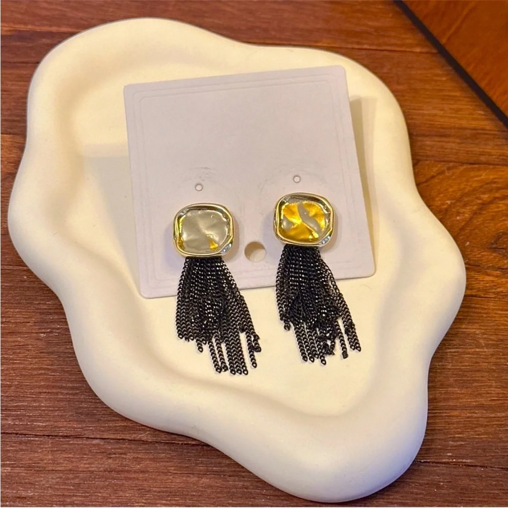 Gold & Black Tassel Statement Earrings Vintage Glam Fringe Earrings Black Chain